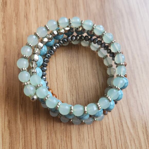 Memory Wire Coil Wrap Bracelet Turquoise Opalite Wood Silver Beads Stacked Boho - Picture 8 of 8